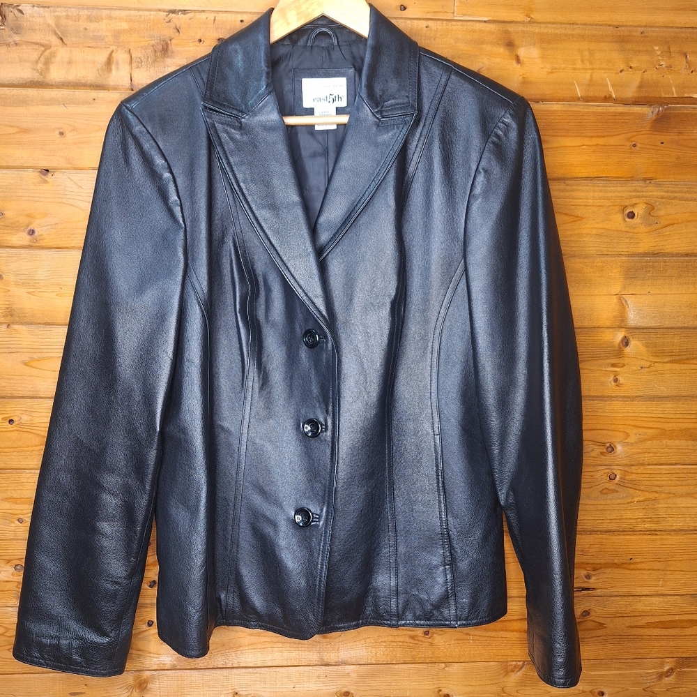 ❤️ east5th genuine leather black jacket motorcycle biker racing 2 pocket…